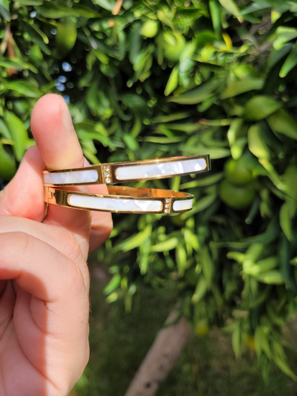 Gold-Tone White Inlay Hinged Bangle Bracelet - Women Jewelry
